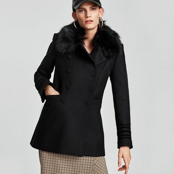 ZARA Contrast Coat with Fur Collar Velvet Applique - Picture 1 of 16